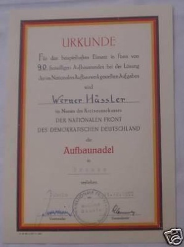 Ddr urkunde aufbaunadel - ddr,
